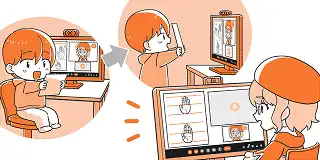 アナログ作品をカメラにかざして講師に見せている様子