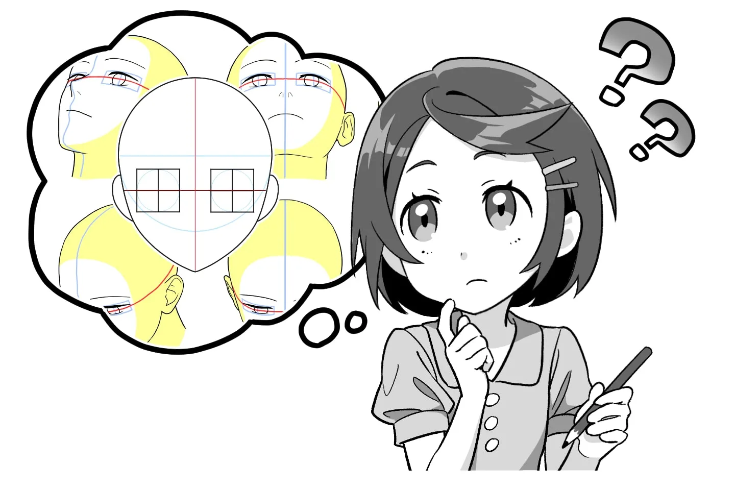 目の描き方を練習する女の子イラスト