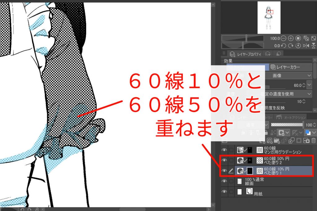 影60％線10％と60％線50％を重ねたイラスト