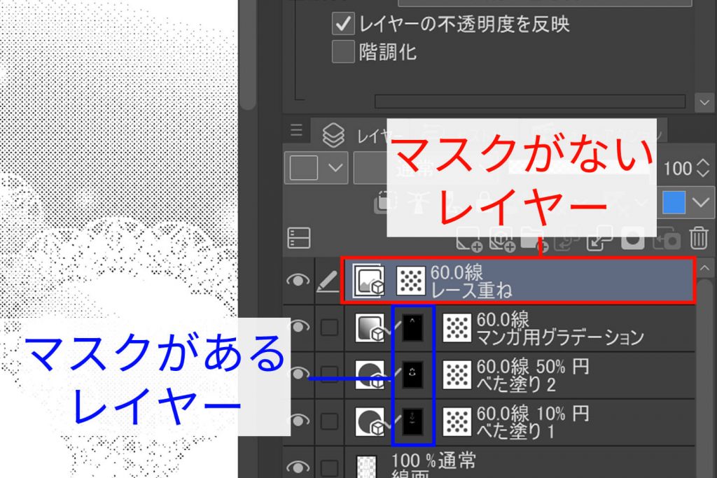 マスクがあるレイヤーとマスクがないレイヤー