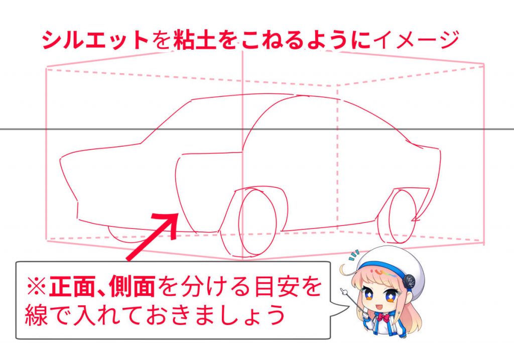 四角形を削りだすようなイメージで車の形を下書きしていく様子