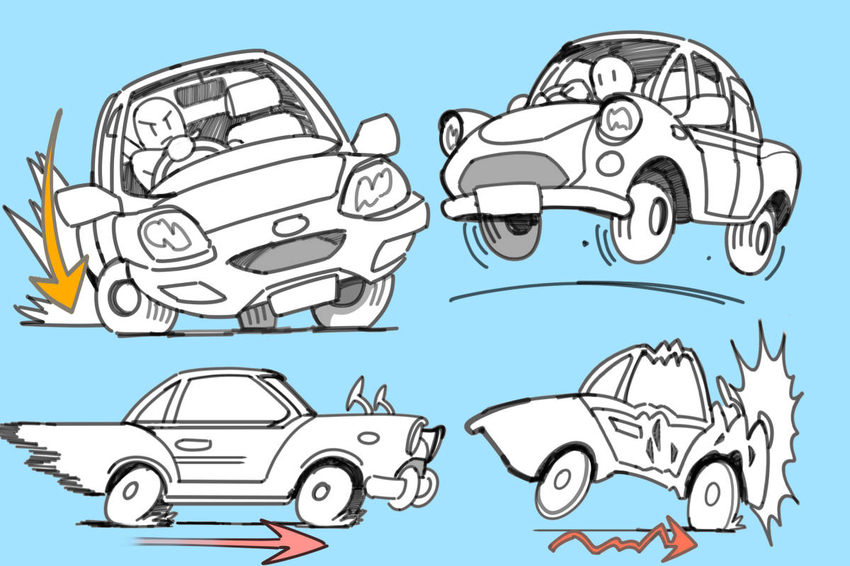 動きをつけて生き生きとした様子の車イラスト