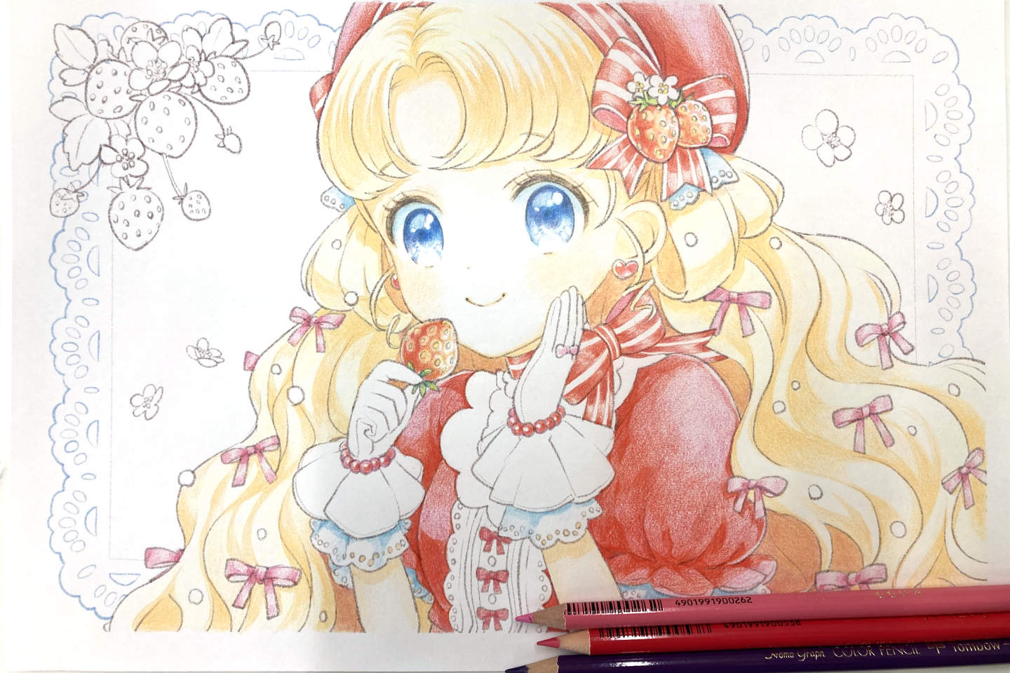 髪のリボンをピンクと薄紅色で塗り重ね、瞳には薄く紫を追加します。