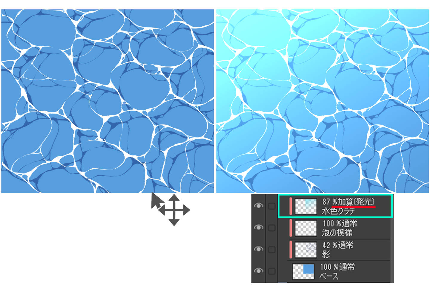 網状模様が完成したら複製し影色に変えてレイヤーをずらします