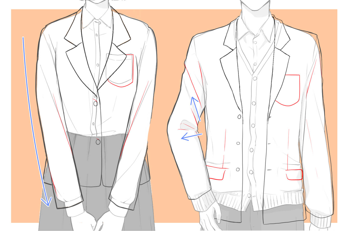 ブレザーのしわや細部を描くポイント