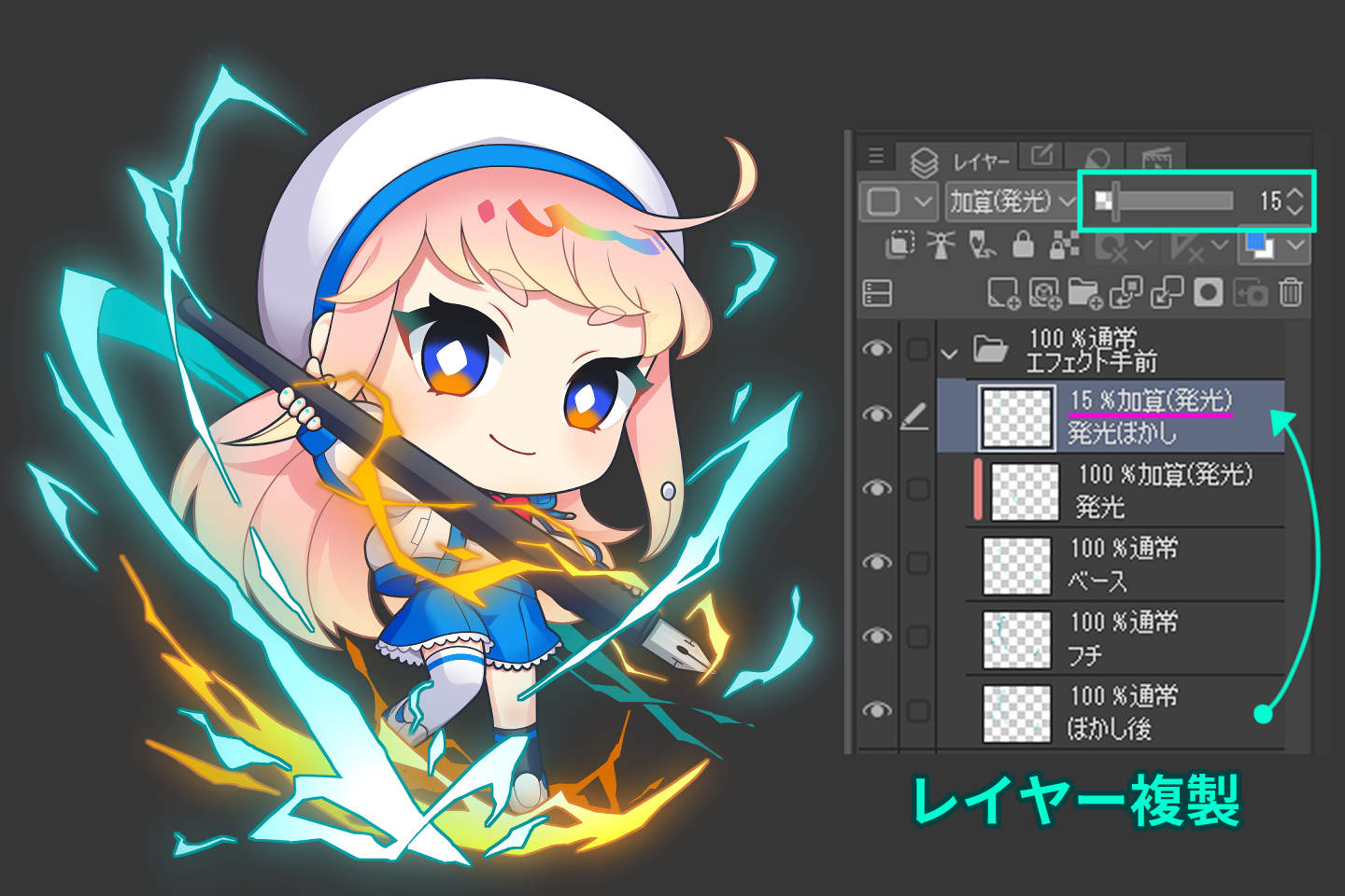 レイヤー複製と加算発光で加工