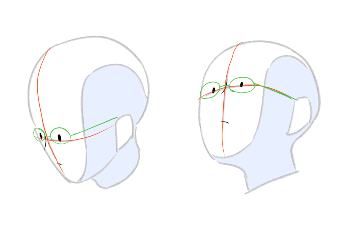 顔の十字線を補助として耳を描く