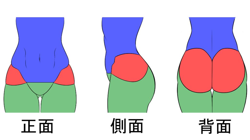 腰のパーツ分け正面、側面、背面のイラスト説明