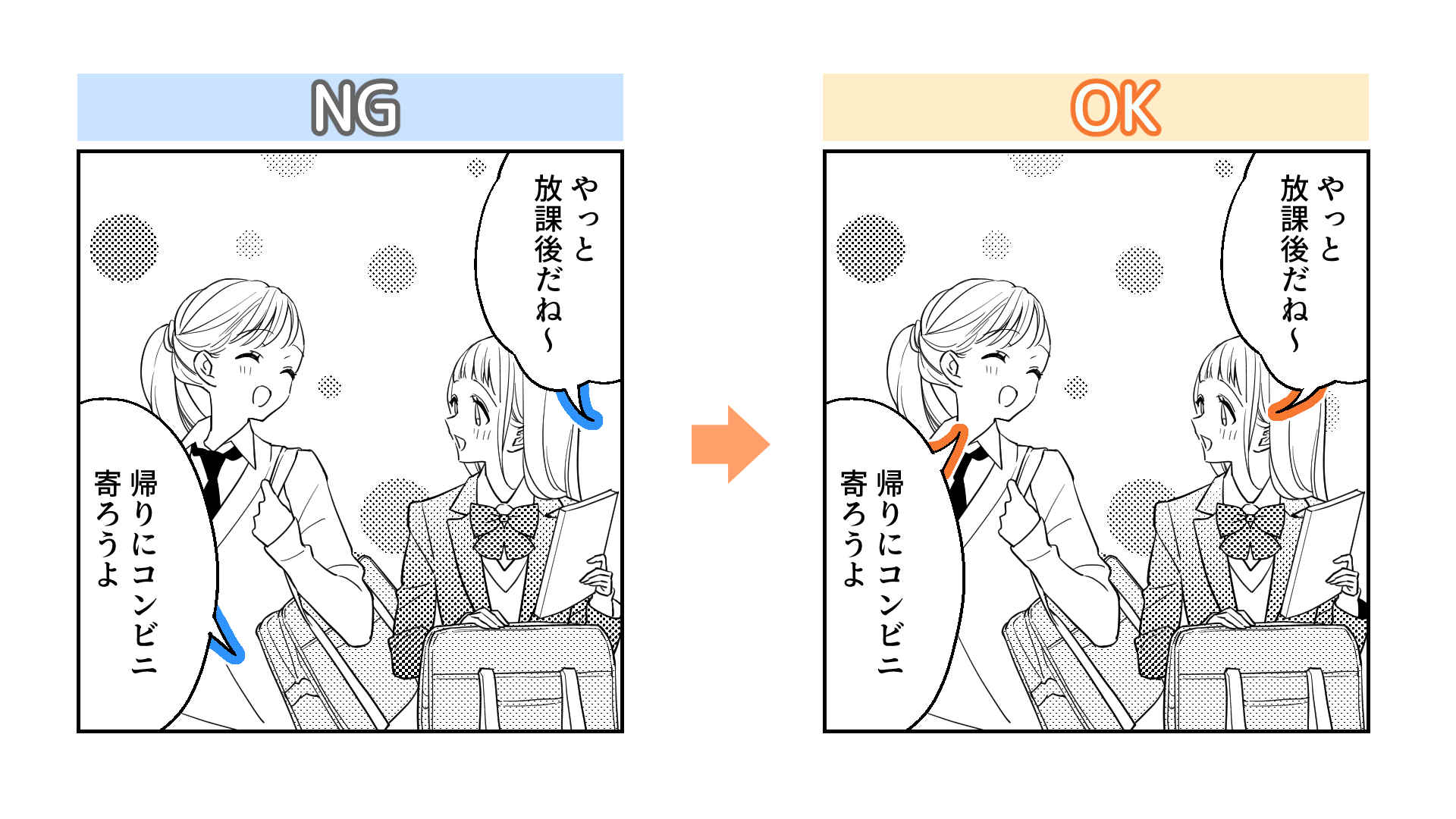 ふきだしのしっぽはキャラクターの顔に合わせよう