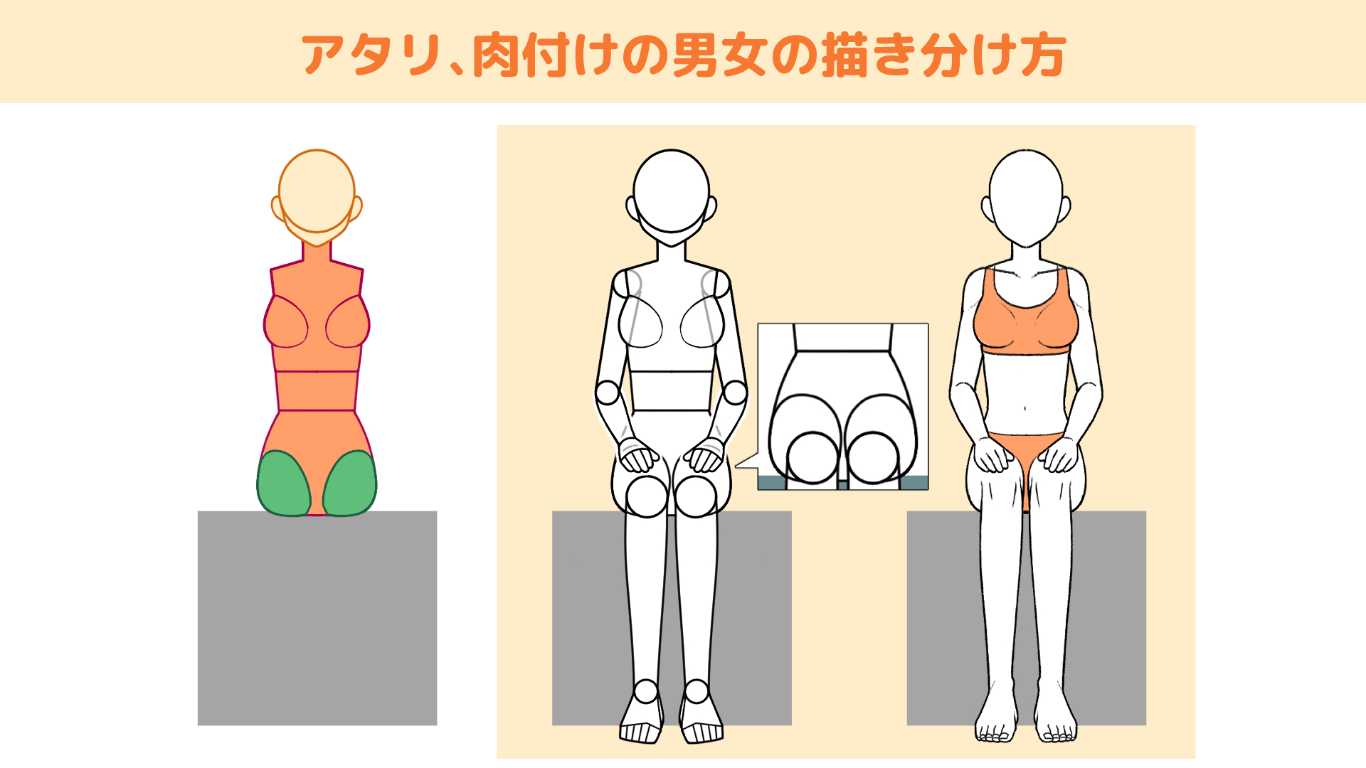 ⑪座りポーズの動きと構造を知ろう_アタリ、肉付けの男女の描き分け方