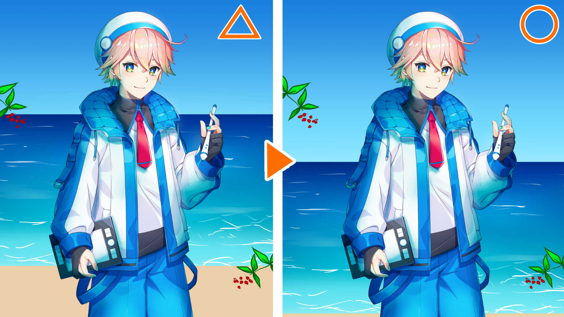 カメラアングルの高さと海の見え方が異なってしまう例