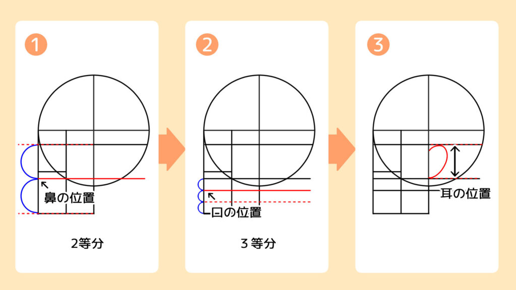 鼻、口、耳の位置を決めよう