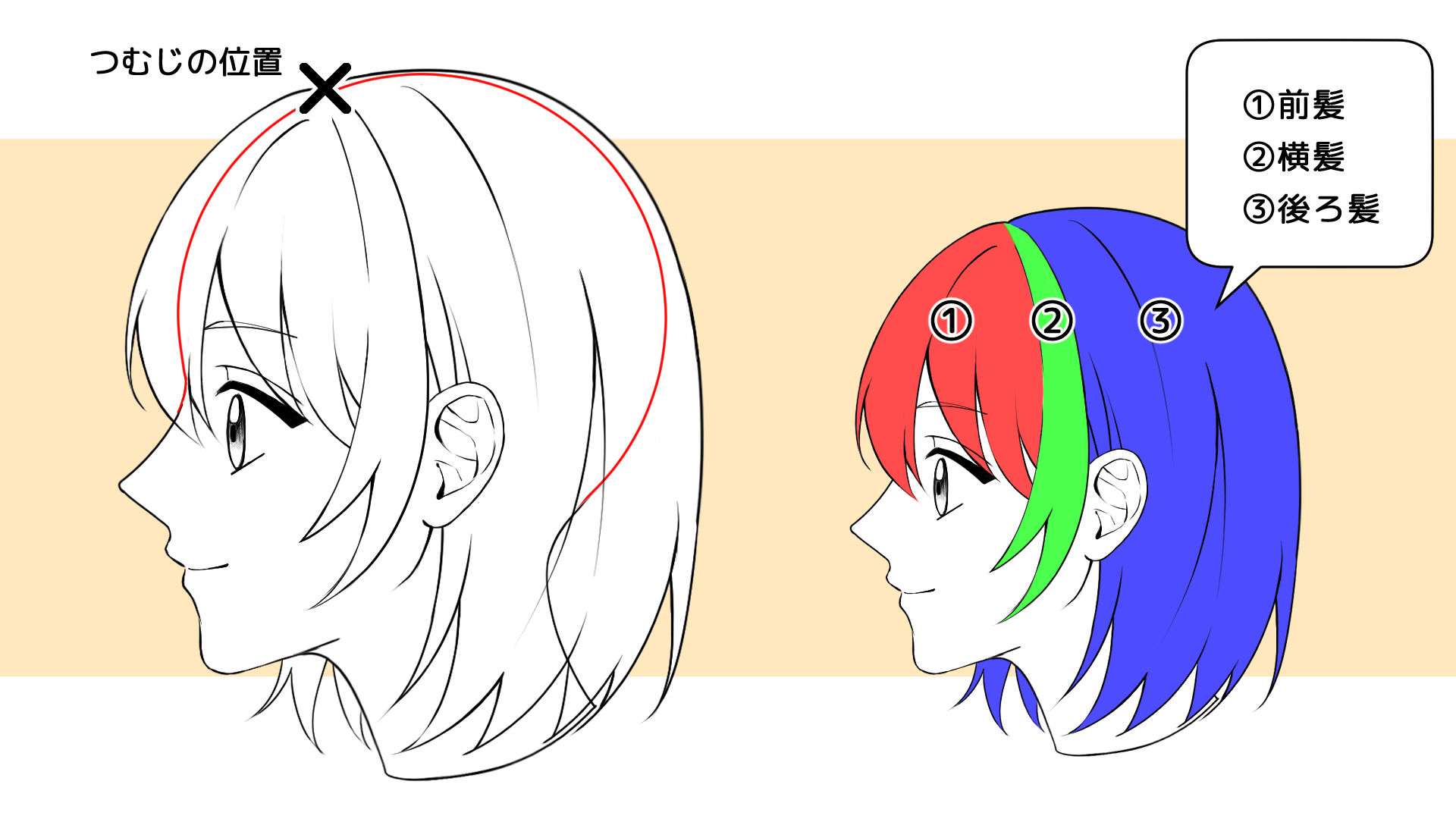 横顔の髪を描こう