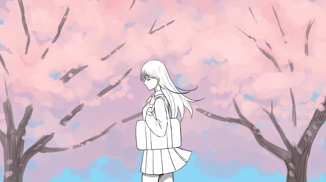 桜を画面に大きく入れた引きのイラスト