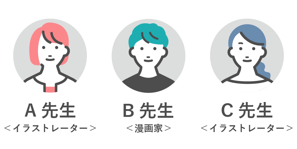 イラストレーターのA先生、漫画家のB先生、イラストレーターのC先生