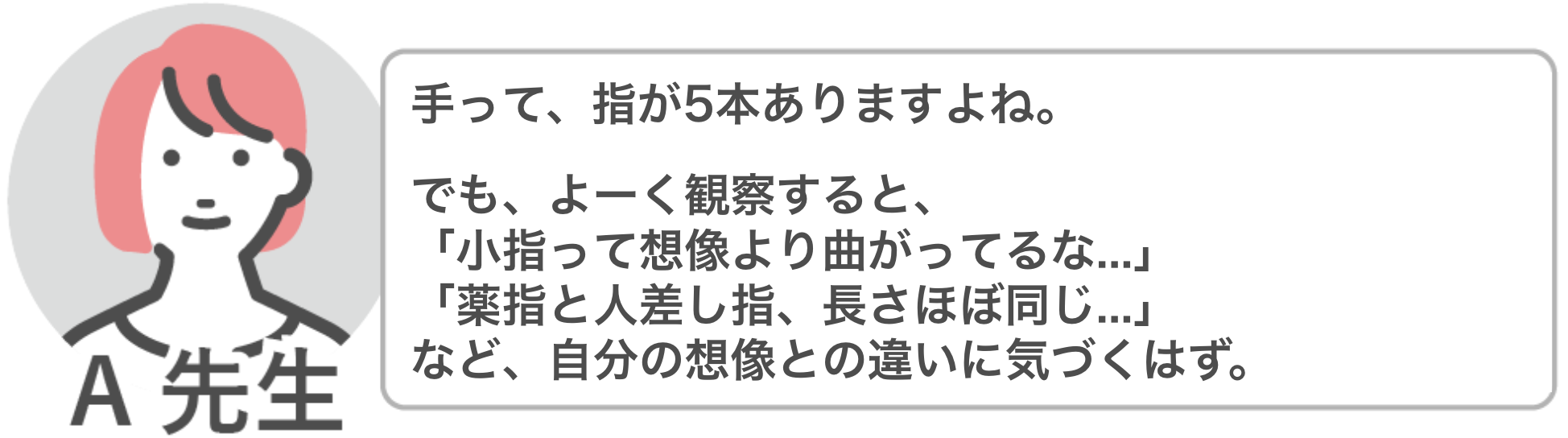 A先生「手は指が5本あるかと思いますが、よく観察するとそれぞれの指の長さや動きなど、自分の想像との違いに気付くはずです。」
