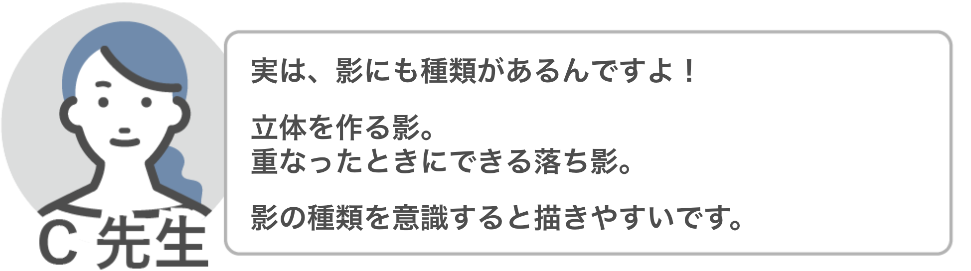 C先生「実は影にも立体を作る影と、重なった時にできる影と種類があります。影の種類を意識すると描きやすいです」