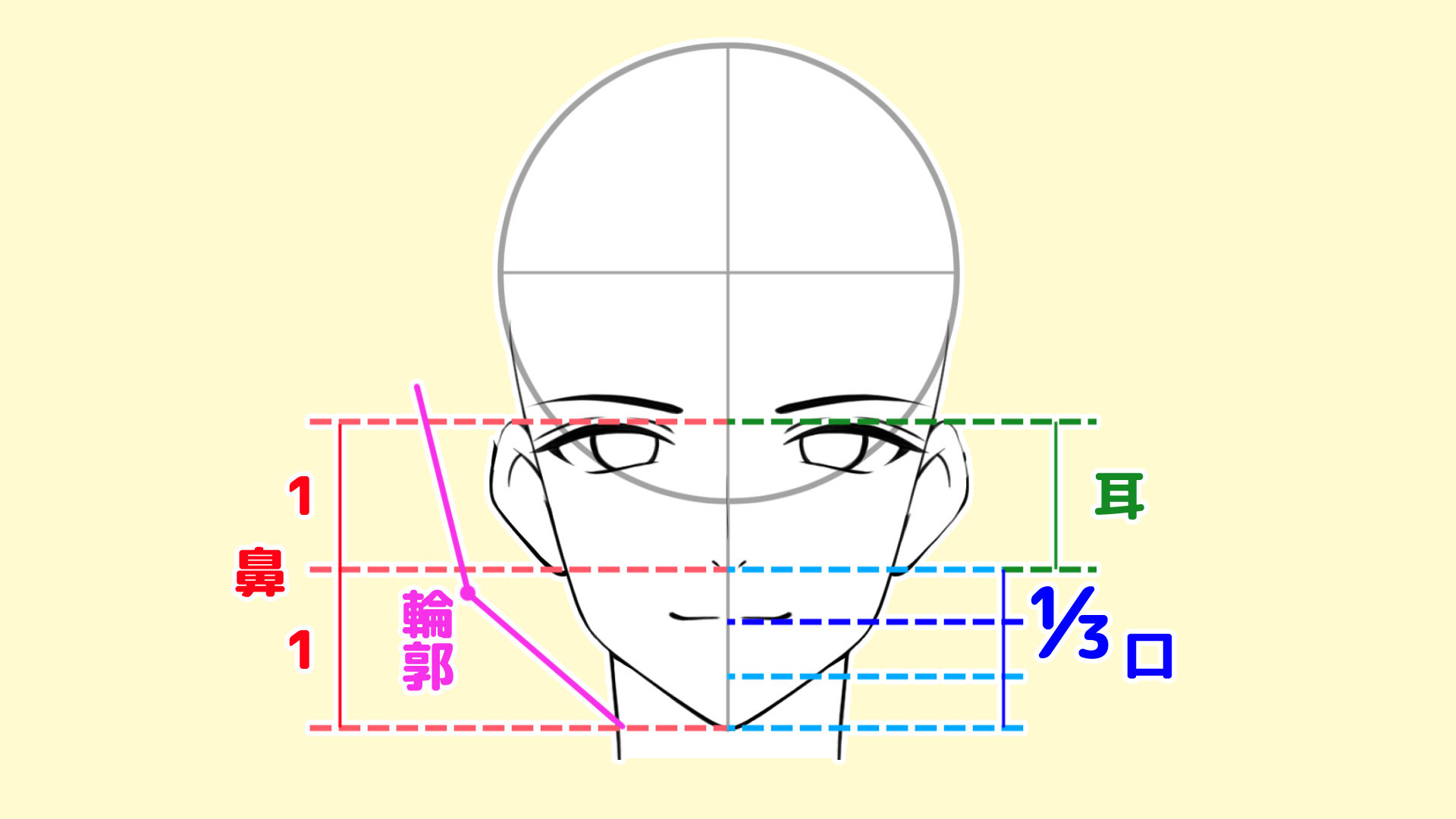 イケメンのパーツの配置、鼻口と耳の説明