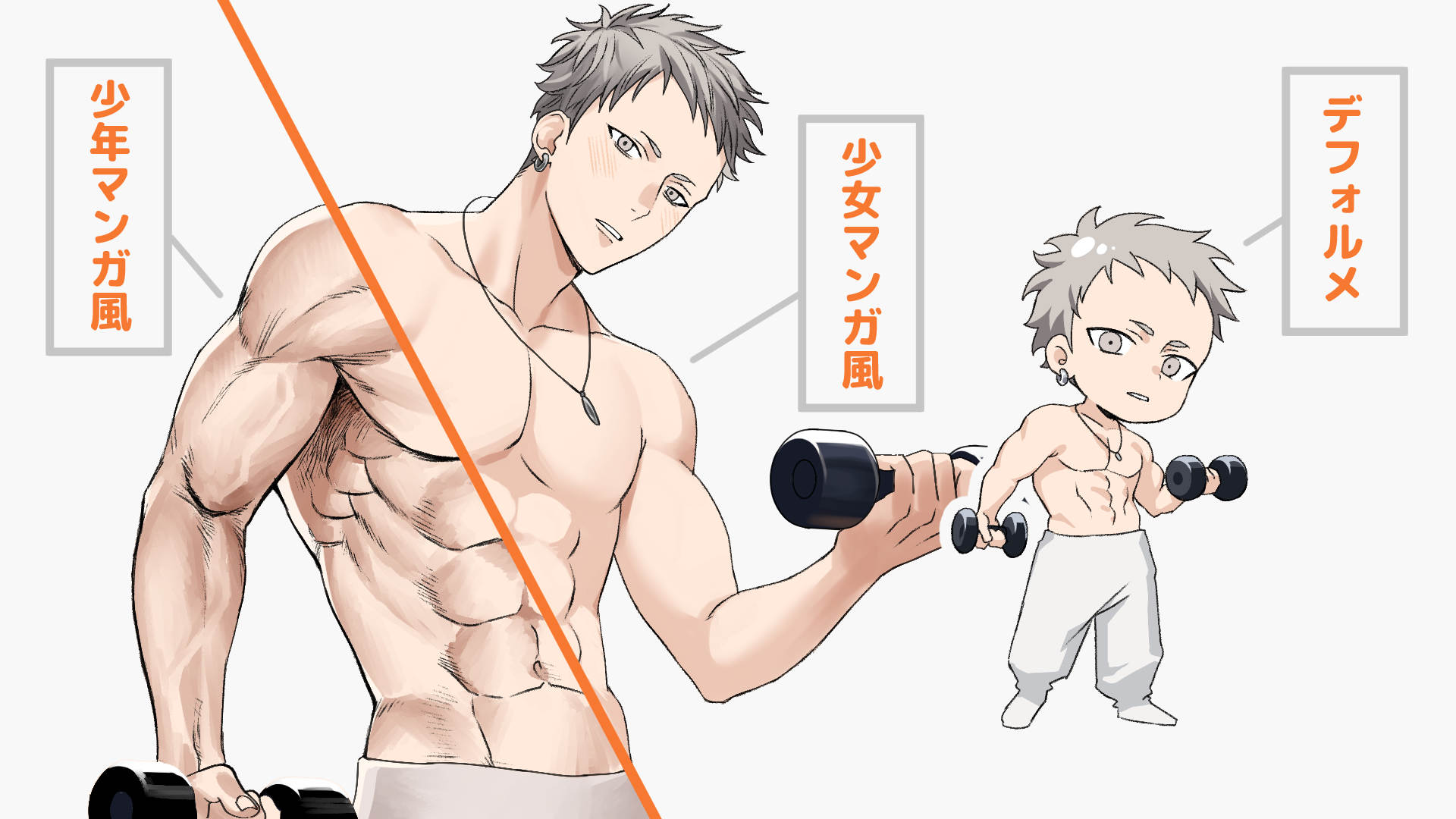 着彩での絵柄による筋肉の描き方の違い