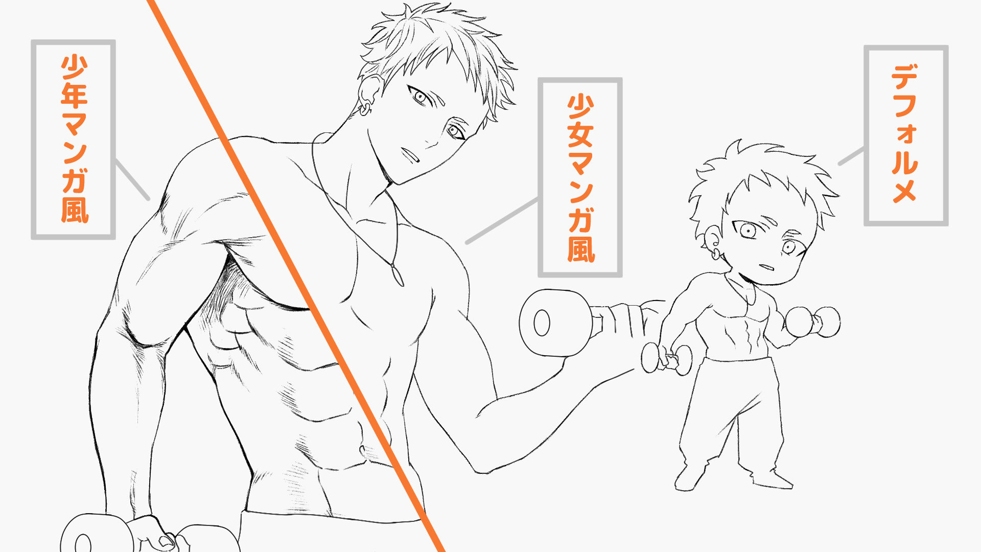 線画の絵柄による筋肉の描き方の違い