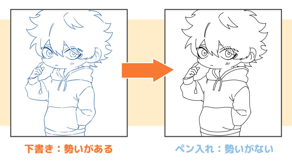 ペン入れのときに下書きを丁寧になぞったので印象がずれる例