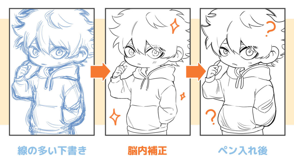 下書きの線が多すぎて印象がずれる例